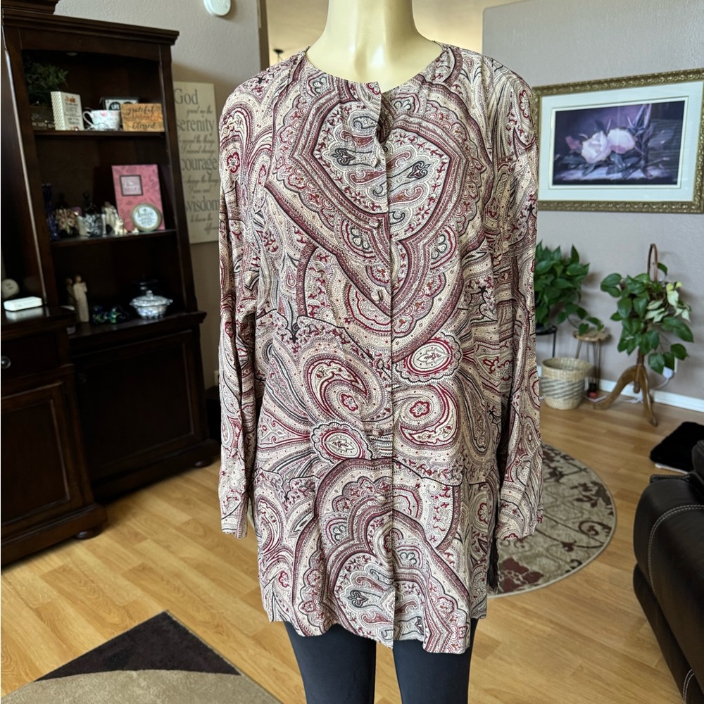 Nippon Studio tan, red & black paisley print long sleeve tunic-size M